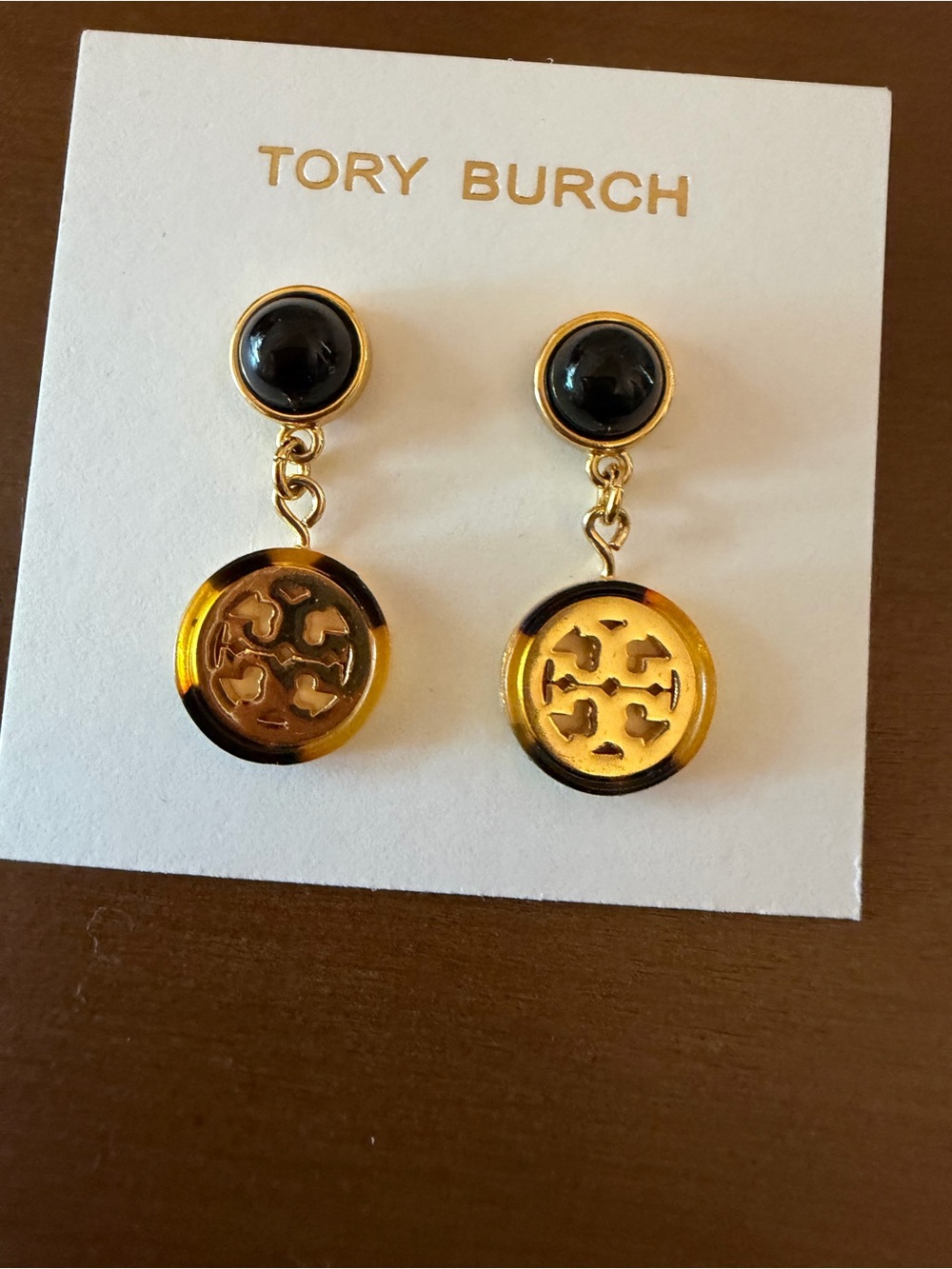 Tory Burch Gold and Black Tortoiseshell  Drop Logo Earrings- NEW